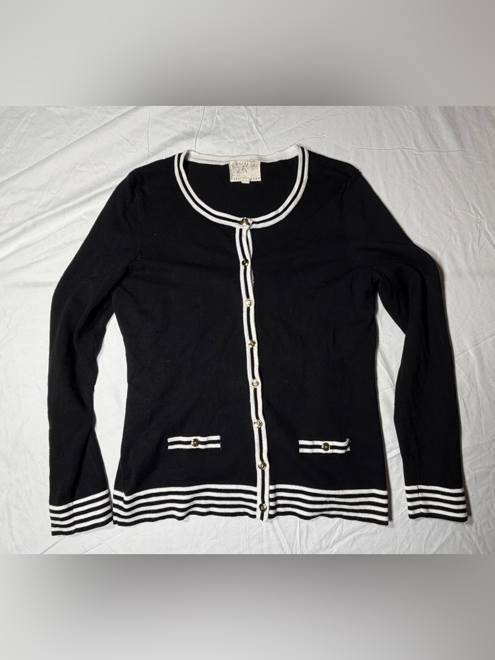 Debbie Morgan Crewneck Cardigan Sweater Black White Striped Gold Button M